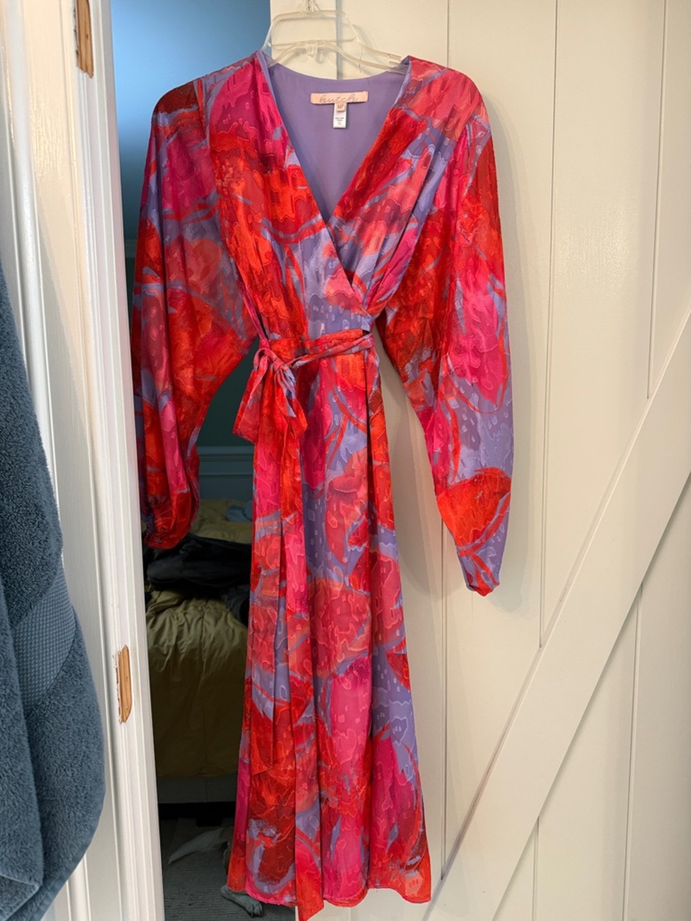 Anthropologie Hutch Vibrant Wrap Maxi Dress in Red & Lavender